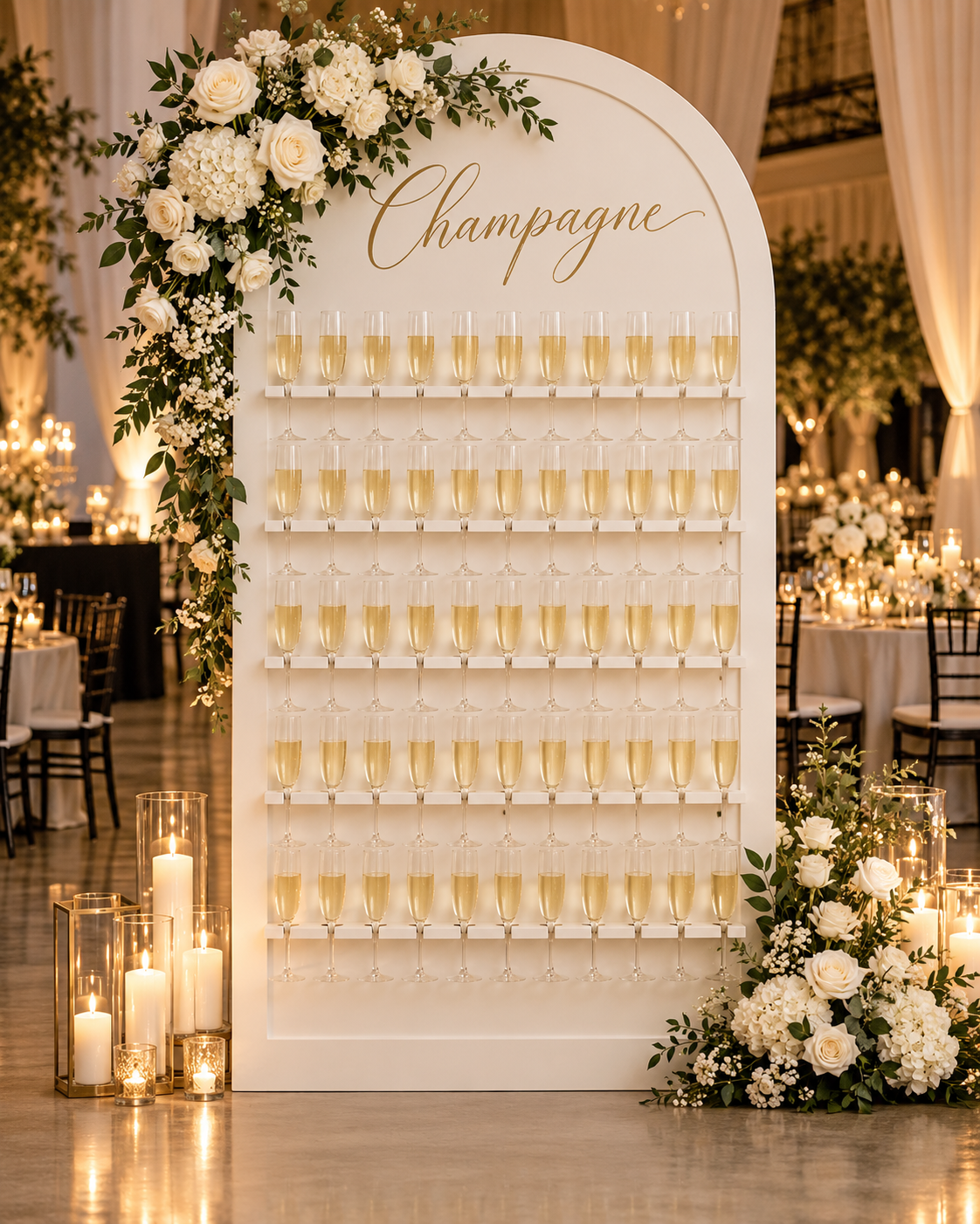 Champagne wall display at an elegant wedding