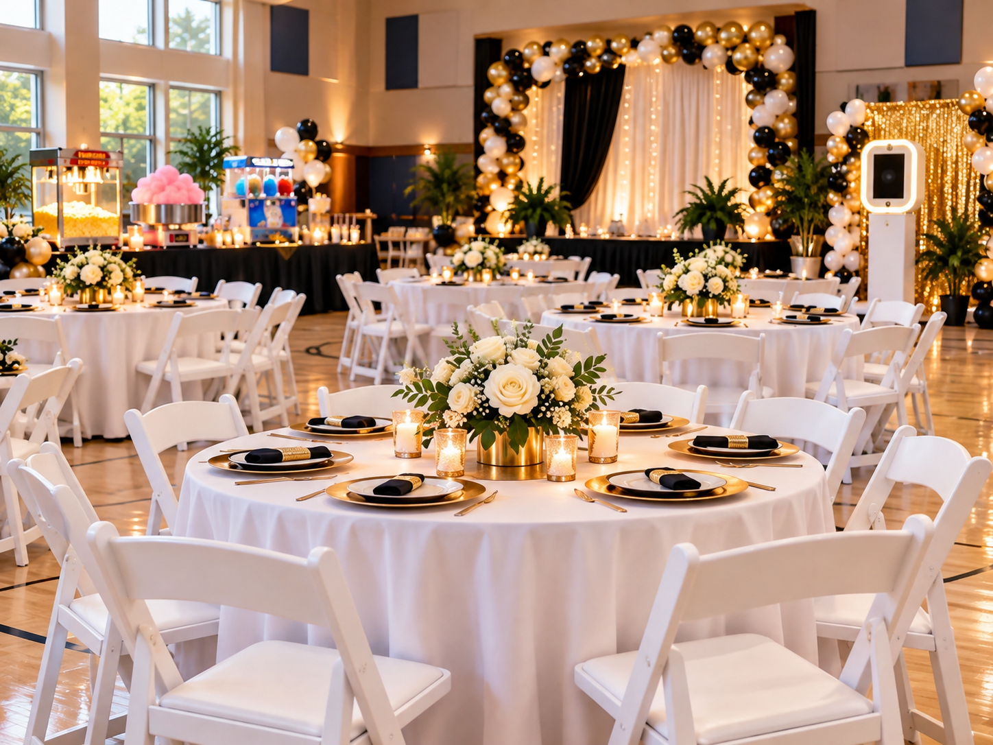 Community event package setup with tables, chairs and guest experiences