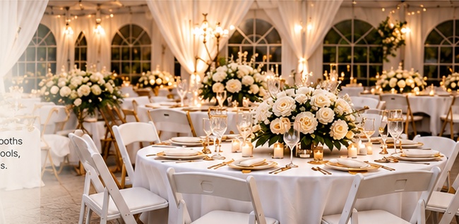 Elegant event setup with round tables and white resin chairs