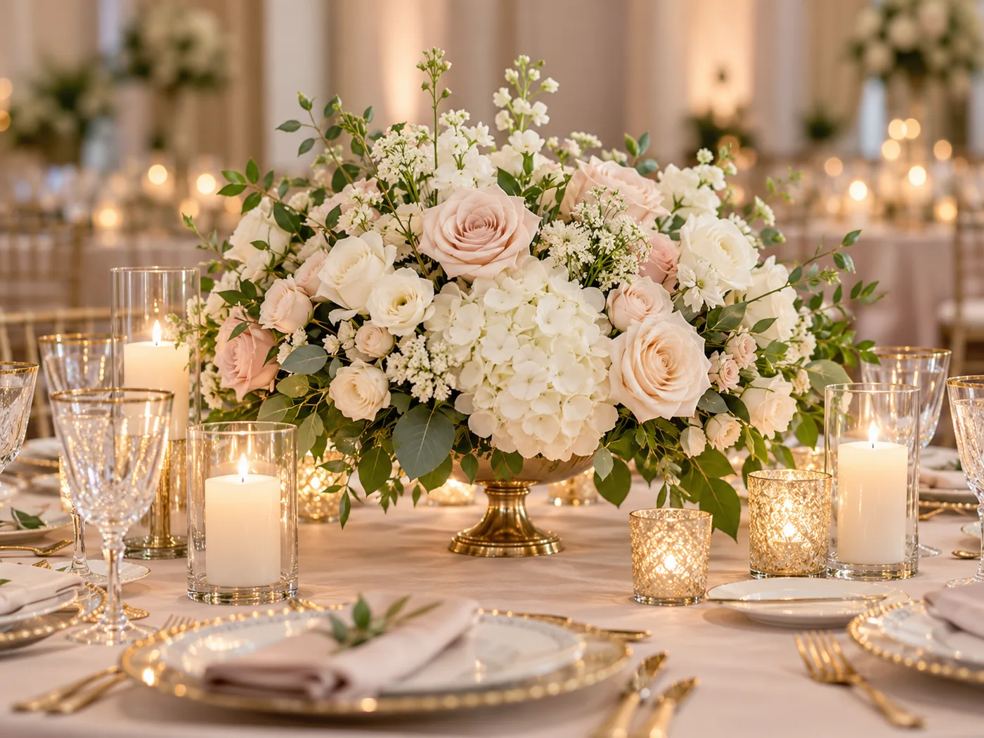 Elegant shower event table with floral centerpiece