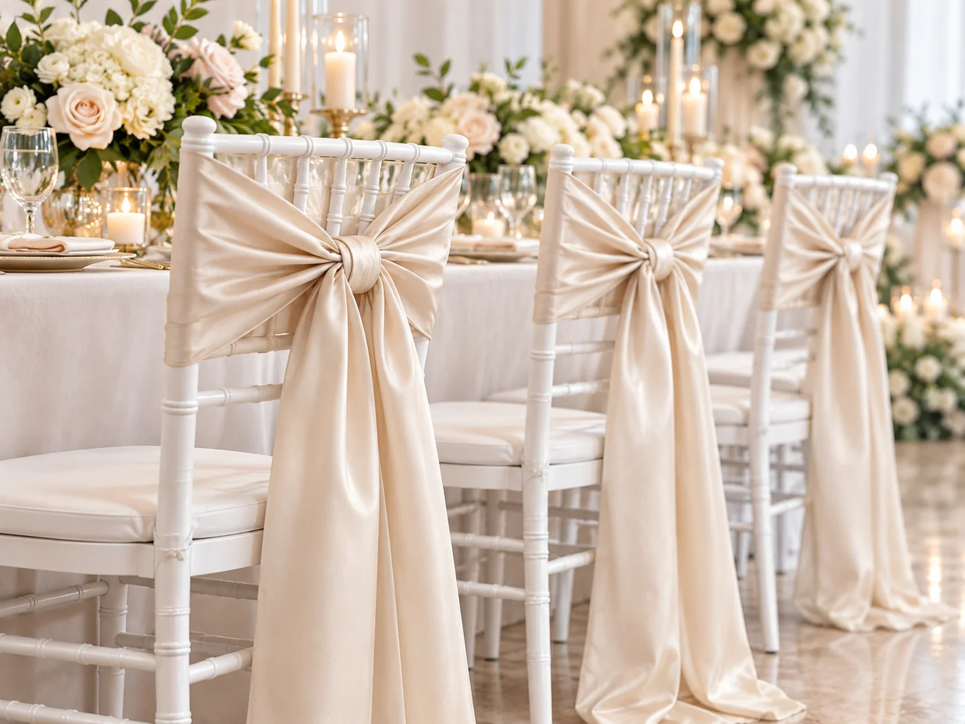 Champagne chair sashes on wedding chairs