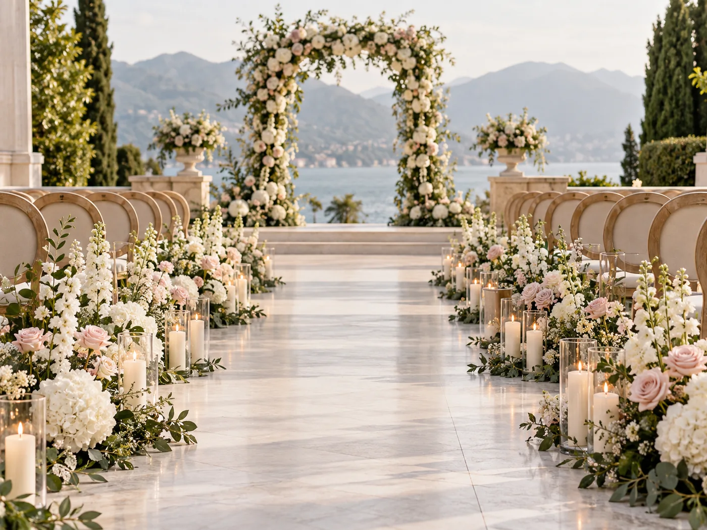 Floral aisle decor for a wedding ceremony