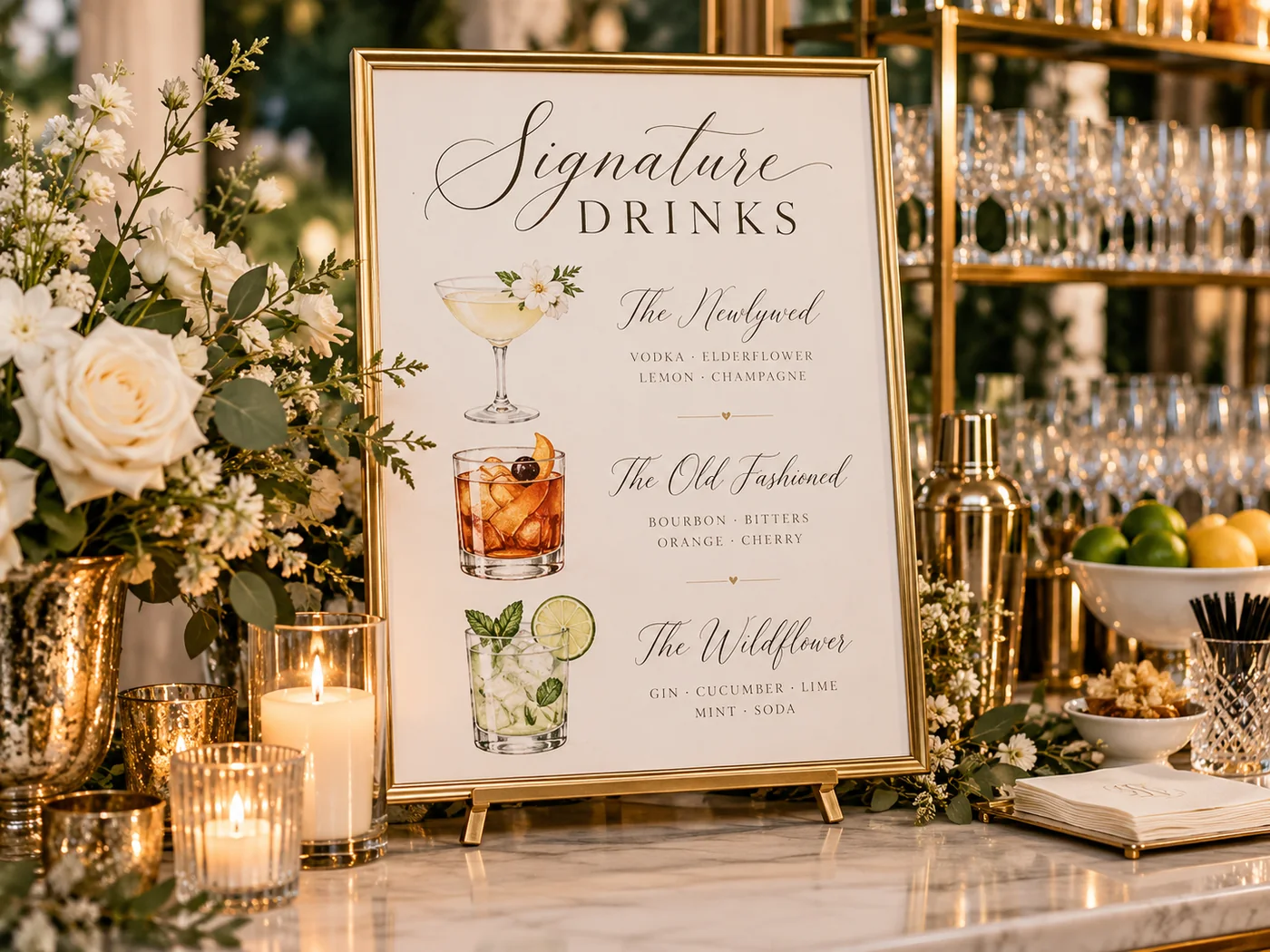 Personalized signature drink sign at a wedding bar
