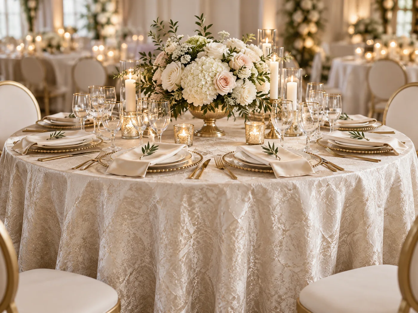 Specialty table linens at an elegant wedding reception