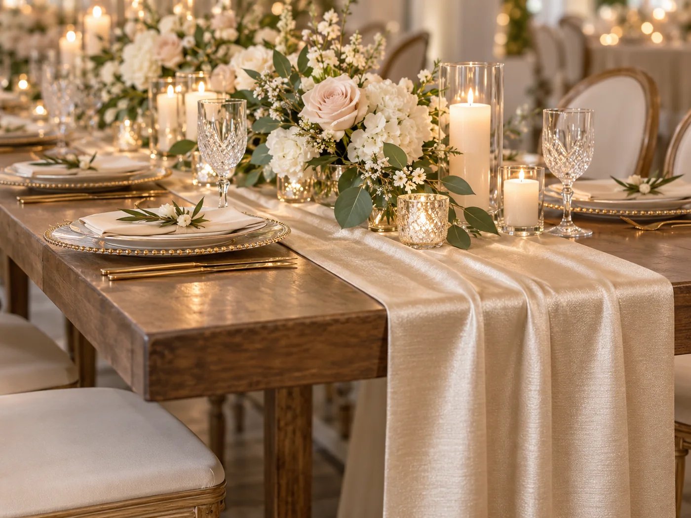 Elegant champagne table runner on a wedding table