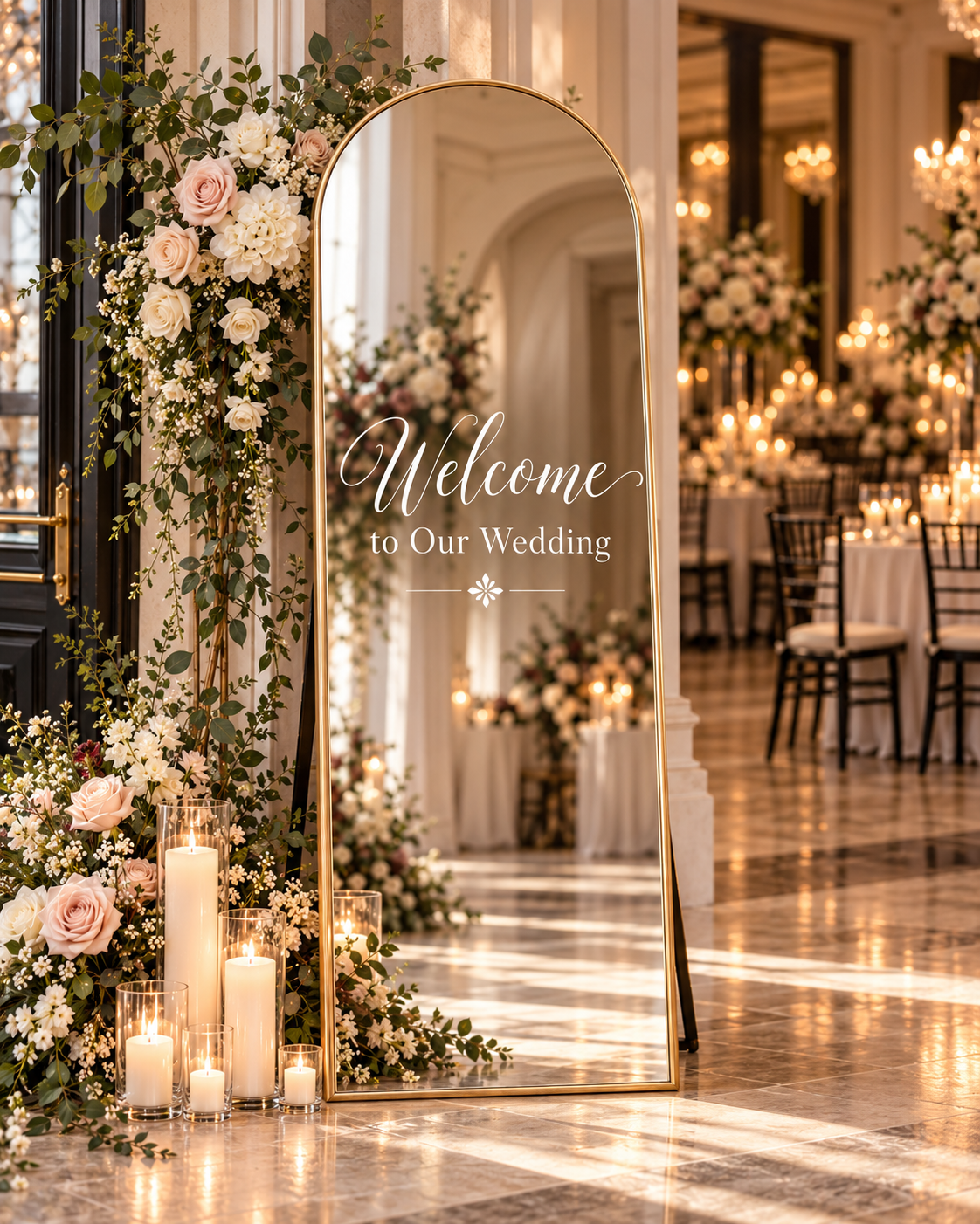 Gold framed wedding welcome mirror with floral styling